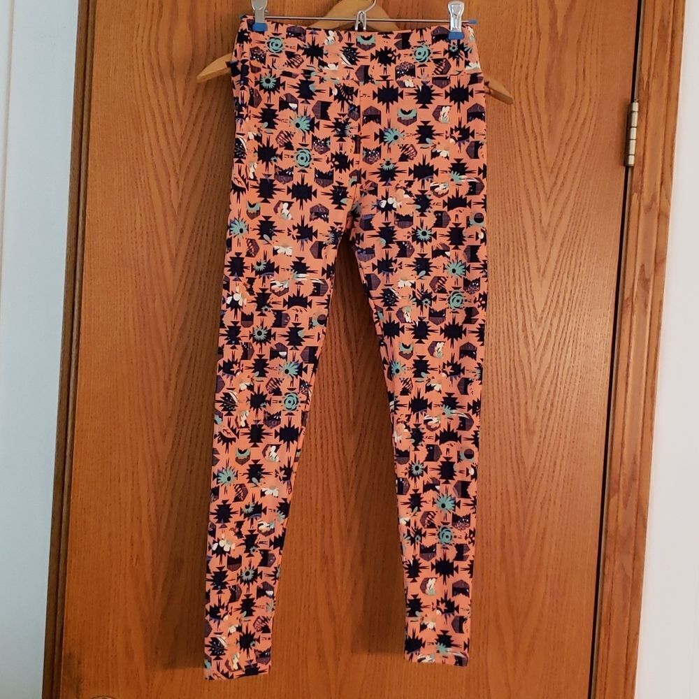 EUC LuLaRoe Orange Black Blue Abstract Design Leggings One Size